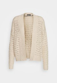 Beige stickad kofta med öppen framsida, textil med vertikala ränder och lösa ärmar för en avslappnad passform.