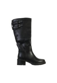 Botte en cuir noir mi-mollet avec petit talon carré, semelle à crampons et deux sangles décoratives à boucle près du sommet.