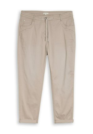 Beige casual broek met een tailleband met trekkoord, twee voorzakken en opgerolde boorden.