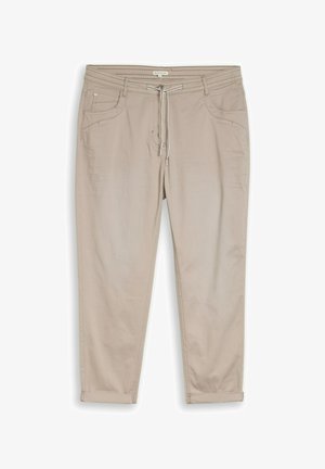 Pantalon beige décontracté avec taille à cordon, deux poches avant et ourlets retroussés.