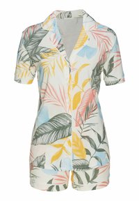Short-sleeve pajama set in lightweight fabric, featuring colorful tropical leaf patterns in green, pink, yellow, and blue on a white background.