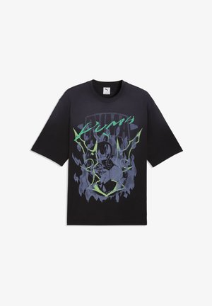 Black Puma T-shirt with abstract green and blue graphic design featuring flames, a heart, and stylized text across the chest.