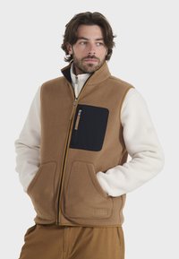 Chaleco de forro polar en marrón, con un bolsillo negro con cremallera, dos bolsillos frontales y un cuello alzado. El interior es de color crema.