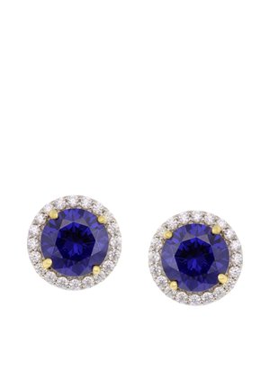 Round stud earrings with deep blue center stones, surrounded by small clear diamonds and held by gold prongs.