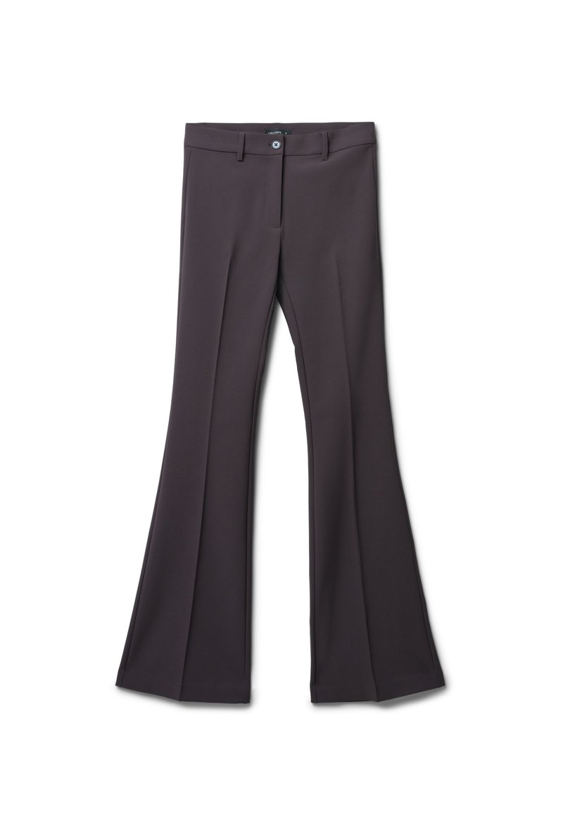 Ausgestellte Hosen aus dunkelgrauem Stoff, mit einer glatten Oberfläche, vorne mit Bügelfalten und einem Reißverschluss mit einem einzelnen Knopf.