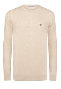 Beige trui gemaakt van zacht materiaal, met een ronde hals, lange mouwen, geribbelde manchetten en zoom, met een klein bruin vogel-logo op de borst.