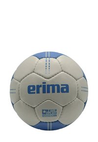 Witte en blauwe handbal met hexagonale panelen, met het "erima" logo en de tekst "WE PLAY HANDBALL" prominent weergegeven.