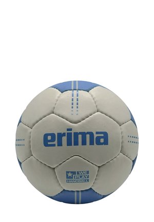 Witte en blauwe handbal met hexagonale panelen, met het "erima" logo en de tekst "WE PLAY HANDBALL" prominent weergegeven.