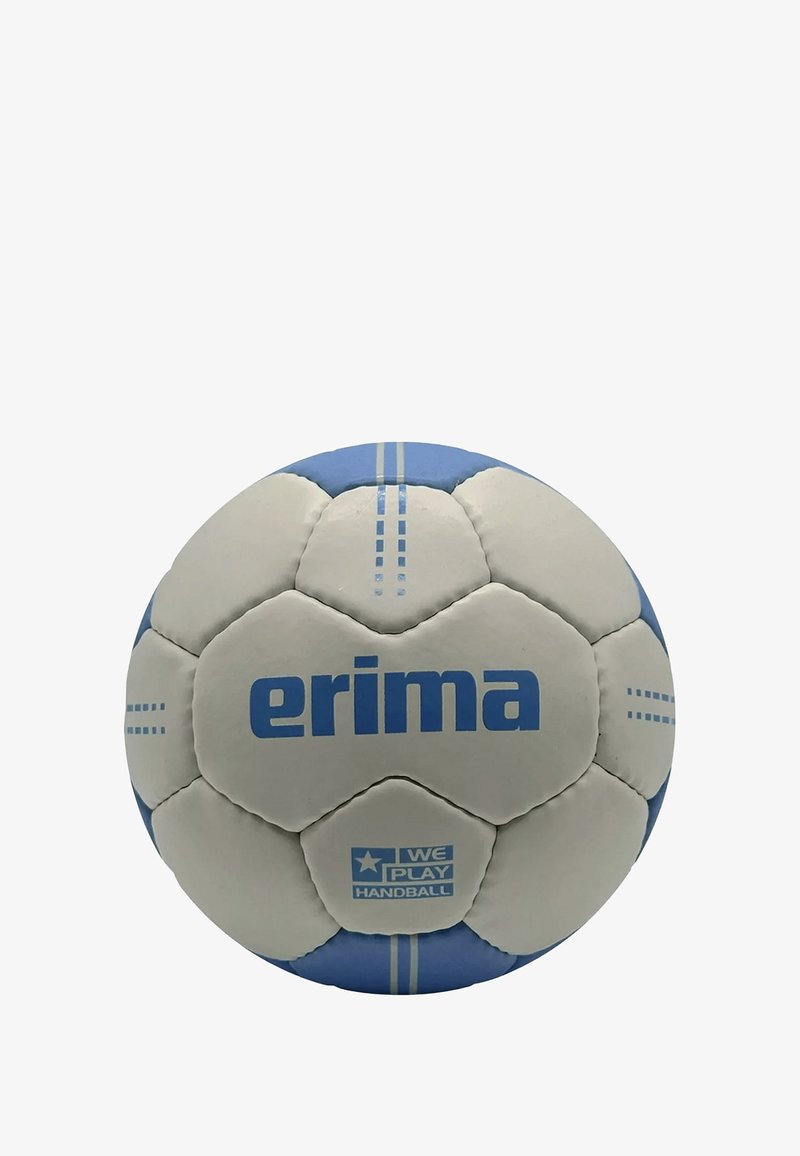 Weißer und blauer Handball mit sechseckigen Panels, mit dem Logo "erima" und dem auffällig dargestellten Text "WIR SPIELEN HANDBALL".