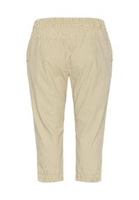 Beige pruhované zkrácené kalhoty s elastickým pasem, bočními kapsami a elastickými manžetami na spodním lemu pro pohodlné nošení.
