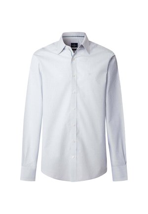 Camicia da uomo azzurro chiaro a quadretti, a maniche lunghe, con bottoni frontali, colletto classico e polsini con un solo bottone.