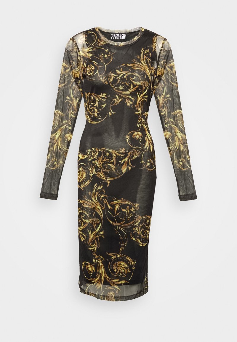 Svart nät långärmad midiklänning med gyllene barockblommönster och Versace Jeans Couture-märke vid halsen.