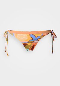 Absztrakt mintákkal díszített, többszínű bikini alsórész. Puha, nyújtható anyagból készült, oldalt kötéssel és díszes gyöngyökkel.