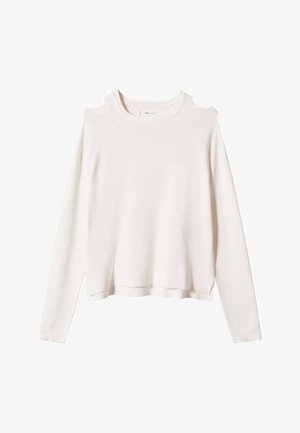 Hvid langærmet sweater med cutouts ved skuldrene og rund hals, vist mod en ensfarvet hvid baggrund.
