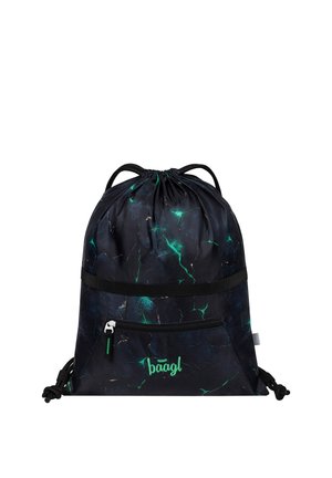 Zaino nero con coulisse con motivo marmo verde, tasca frontale con zip e logo "baagl" con scritta verde.
