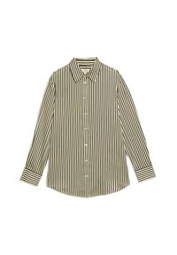 Camicia bottonata con strisce verticali nere e crema, colletto classico e maniche lunghe con polsini abbottonati e orlo curvo.