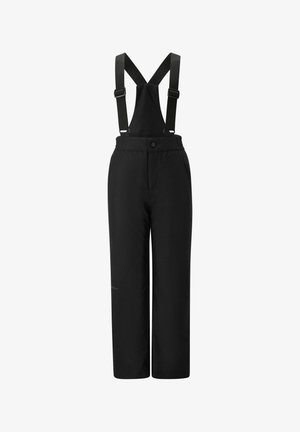 Black overalls made of durable fabric with adjustable straps, a button closure, wide legs, and minimalistic design.