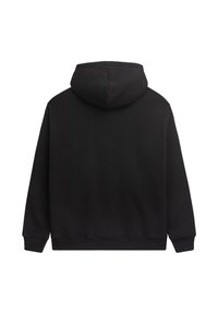 Svart hettegenser laget av mykt stoff, med sømløs bakside, ribbestrikkede mansjetter og snorhette. Ingen logoer eller ekstra detaljer.