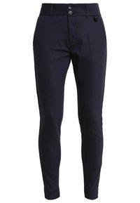 Námořnické modré kalhoty na míru se slim fit, plochým předním dílem, dvěma knoflíky a dekorativním kovovým akcentem na pase.