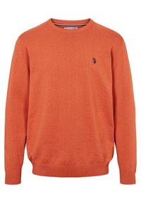 Orange tröja gjord av stickad tyg, med rund hals, långa ärmar, ribbade ärmslut, fåll och en liten broderad logotyp på bröstet.