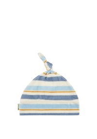 Pruhovaná dětská čepice vyrobená z měkké tkaniny. Má světle modré, tmavě modré a bílé pruhy s žlutým akcentem. Uzlík na vrchu.