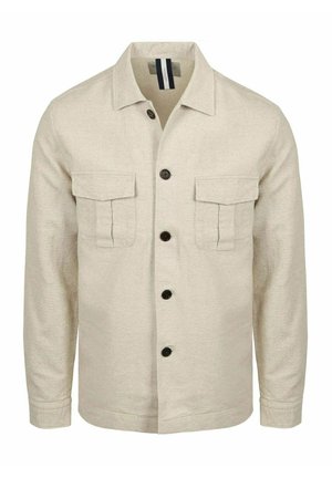 Beige overhemd met lange mouwen, knopen, twee borstflapzakken en een kraag, gemaakt van gestructureerde stof.