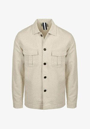 Beige overhemd met lange mouwen, knopen, twee borstflapzakken en een kraag, gemaakt van gestructureerde stof.