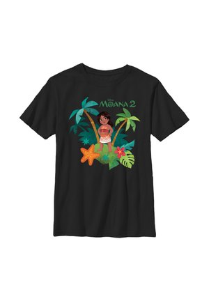Czarna koszulka z kolorową kreskówką Moany stojącej na wyspie z palmami, rozgwiazdą i napisem Disney Moana 2.
