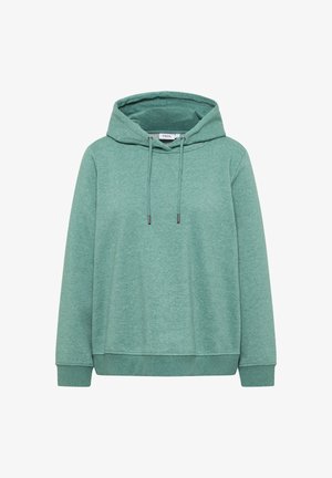 Minttuvihreä huppari, joka on valmistettu pehmeästä ja teksturoidusta kankaasta. Varustettu kiristettävällä hupulla, pitkillä hihoilla sekä ribbiksiä olevilla helmalla ja hihoilla.