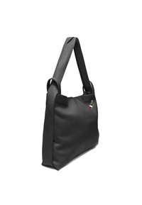Black leather shoulder bag with a smooth texture, rectangular shape, soft sides, and a small Italian flag charm attached to the strap.