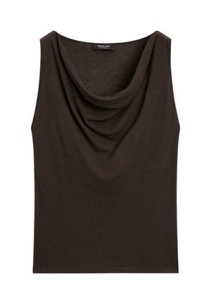 Dunkelbraunes ärmelloses Oberteil mit einem Cowl-Ausschnitt. Hergestellt aus weichem Stoff, zeichnet sich durch eine glatte Textur und eine taillierte Silhouette aus.