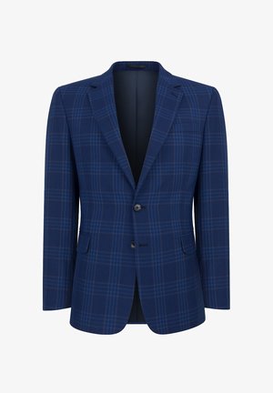 Granatowa marynarka w kratkę z dwoma guzikami, kołnierzem i dwoma przednimi kieszeniami. Teksturowany materiał z jasnoniebieskimi i brązowymi liniami.