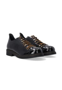 Zwarte leren schoenen met een glanzende afwerking, met een ronde neus, bruine veters en een lage hak met een contrasterende stiknaad.