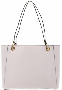 Borsa a tracolla rosa chiaro con un design strutturato, dotata di manici neri e dettagli in oro. Texture liscia dallo stile minimalista.