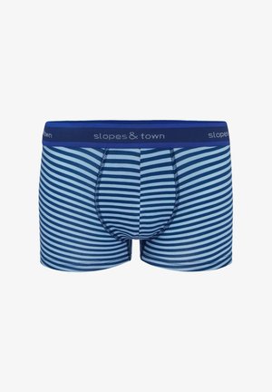 Blaue und weiße gestreifte Herrenboxershorts mit tailliertem Design, elastischem Bund mit "slopes & town" Branding und glatter Textur.