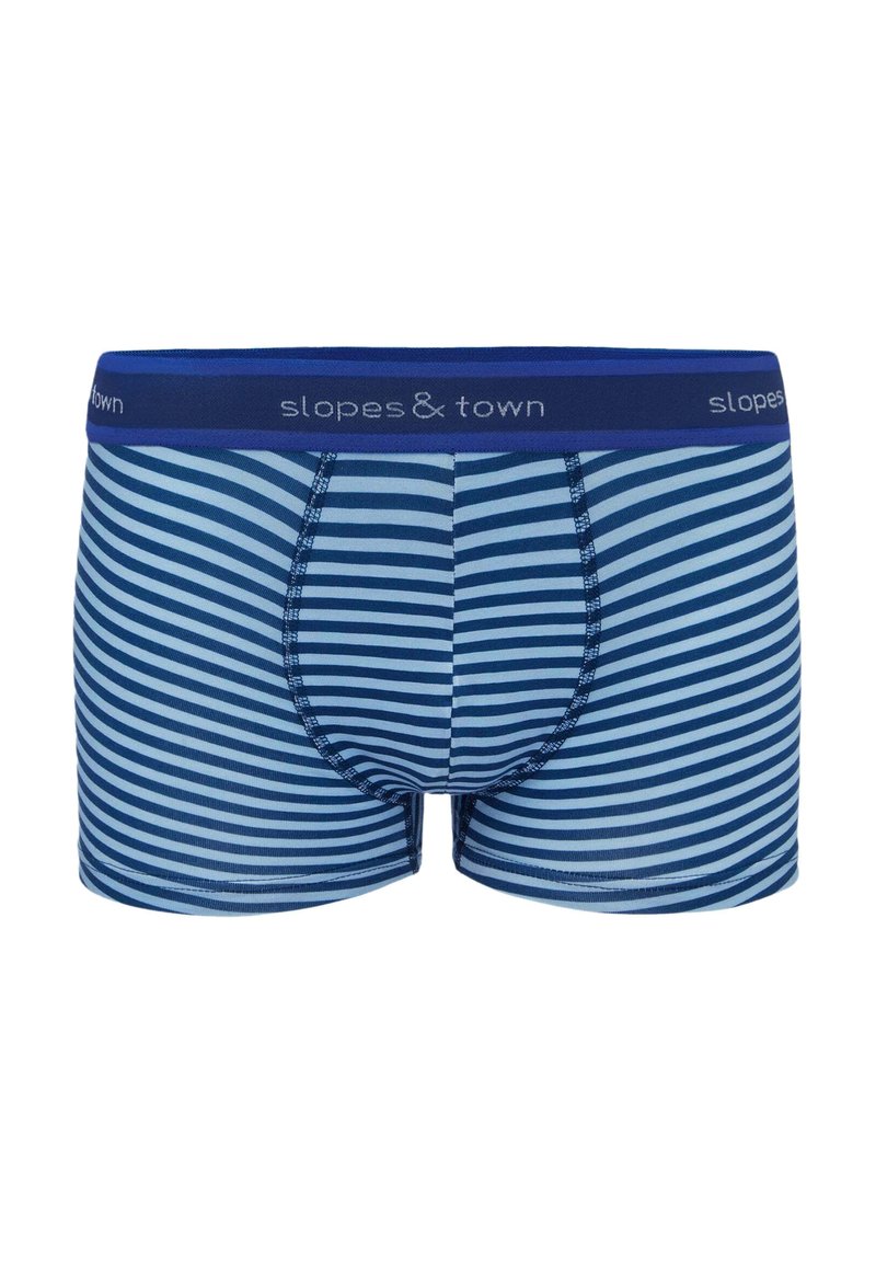Męskie szorty bokserskie w niebiesko-białe paski o dopasowanym fasonie, z elastycznym pasem z logo "slopes & town" oraz gładką teksturą.