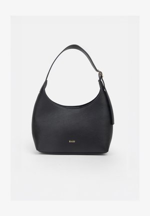 Sac à bandoulière en cuir noir avec logo doré "RAID" et bandoulière réglable sur fond clair uni.