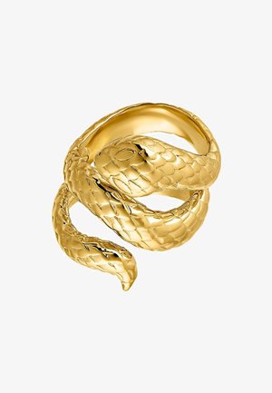 Anillo de serpiente de oro con un diseño retorcido, con escalas texturizadas y una banda suave y pulida. Acentos detallados en la cabeza y la cola.
