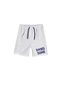 Grå bomuldseshorts med elastisk talje og marineblå snørebånd. Har forlommer og teksten "HAND SOME" med en stjerneaccent.