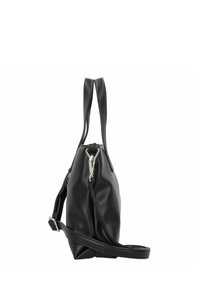 Borsa in pelle nera con doppio manico e tracolla staccabile. Presenta una chiusura con zip e una texture liscia e elegante.