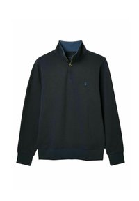 Tumši jūras zilas krāsas sporta krekls ar augstu apkakli un ceturtdaļas rāvējslēdzēju. Iezīmēts ar ribotām aprocēm un apakšmalu, kā arī mazu logotipu uz krūtīm. Mīksts materiāls.