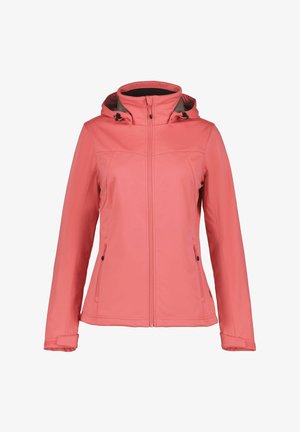 Damen-Softshelljacke in Korallenrosa mit durchgehendem Frontreißverschluss, verstellbarer Kapuze, seitlichen Reißverschlusstaschen und Klettverschlüssen an den Handgelenken.