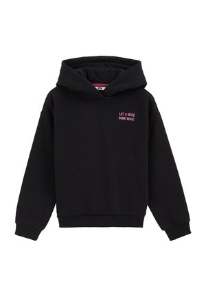 Sweat à capuche noir en tissu doux, doté d'une poche avant et d'un texte brodé rose, "FAISONS UN PEU DE MAGIE," sur la poitrine.