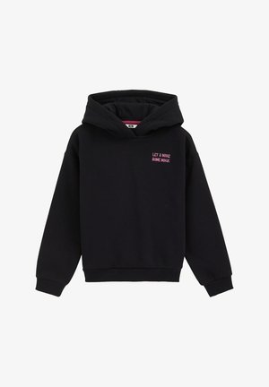 Zwarte hoodie van zachte stof, met een voork pocket en roze geborduurde tekst "Laten we wat magie maken" op de borst.
