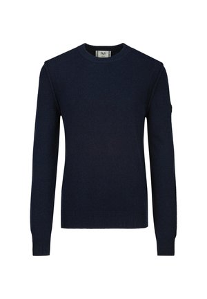 Donkerblauwe gebreide trui met lange mouwen, ronde hals en geribbelde boorden en zoom, afgebeeld op een witte achtergrond.