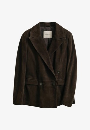 Dunkelbrauner, zweireihiger Wildlederblazer mit Kerbkragen, vier Vorderknöpfen und Pattentaschen, mit GANT-Label im Innenkragen.