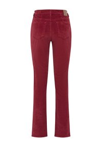 Rode corduroy broek met een rechte pijpdesign, voorzien van twee achterzakken en een gestructureerde stof. Een label is zichtbaar bij de tailleband.