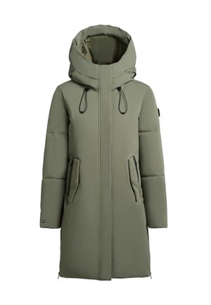 Grøn isoleret parka med hætte, der har en frontlynlås, to sidelommer og justerbare snore. Glat stof med mat finish.