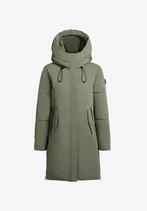 Parka isolato verde con cappuccio, dotata di zip frontale, due tasche laterali e coulisse regolabili. Tessuto liscio con finitura opaca.
