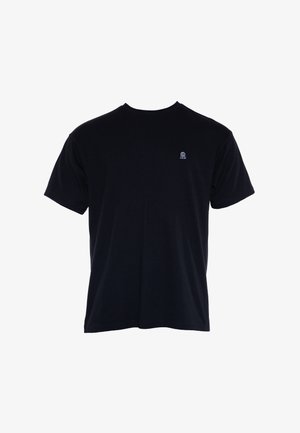 Black cotton t-shirt with a crew neckline, short sleeves, and a small logo on the chest. Soft texture and straight cut design.